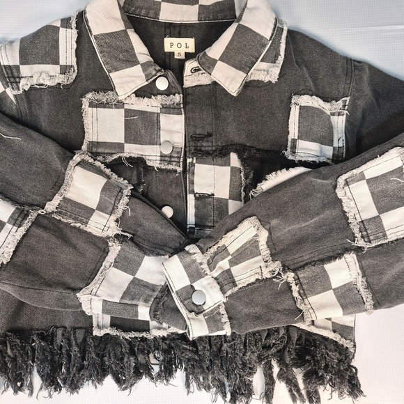 Pol Boutique Brand Wmn Sm. Distressed Patched Fringe Blk Gray Denim Jacket EUC - Picture 7 of 16